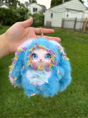 Adorable Blue Plush Bunny Keychain with Floral Trim backpack charm for birthday